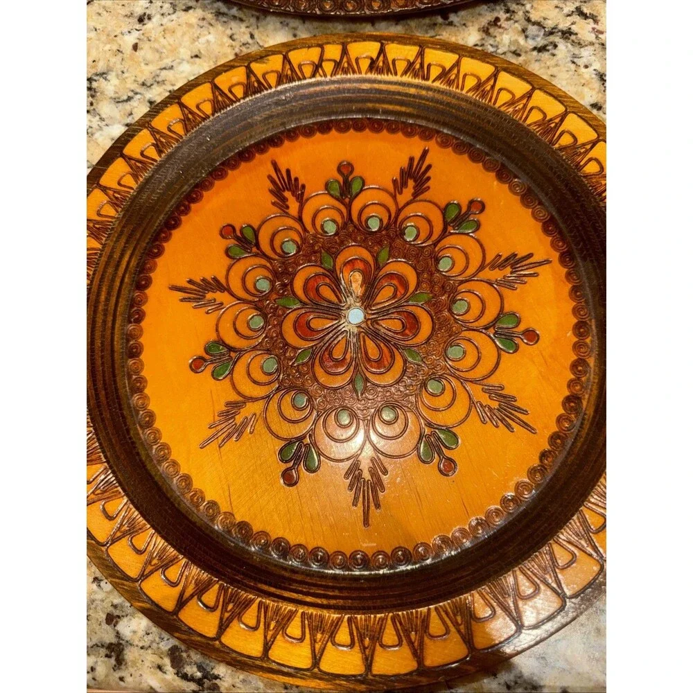 Vintage Hand Crafted Polish Folk Art Wood Plates Matching Set of 2